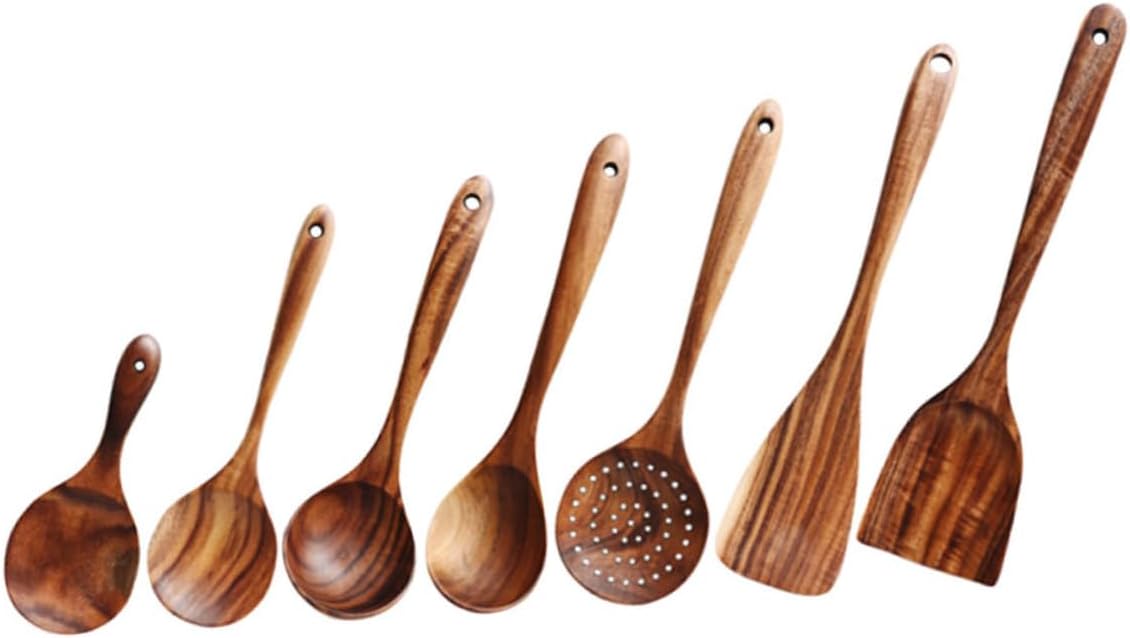 1Set Wooden Spoon Kitchen Utensils Kit Food Grade Nonstick Cooking Tools with Comfortable Grip for Home Cooking and Food Preparation