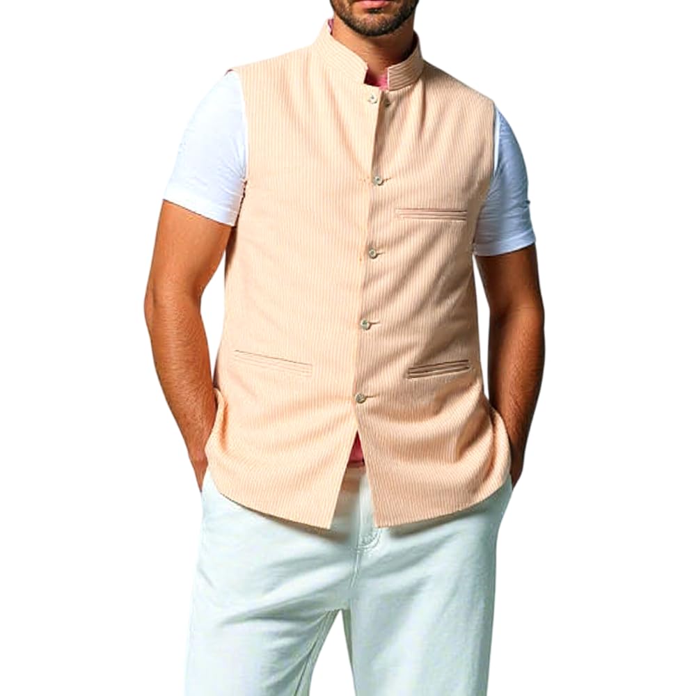 saras aajeevika 100% Pure Cotton Nehru Jacket for Men | Regular Fit Formal Traditional Ethnic Waistcoat | Sleeveless Modi Jacket with Pockets | Men's Casual Suit Vest for Festive & Wedding Occasions-picture-12