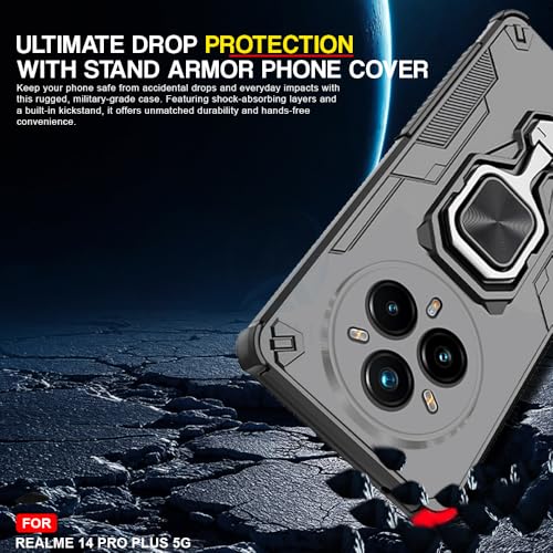 Image of AESTMO Armor Back Cover for Realme 14 Pro Plus 5G | Ring Holder & Kickstand & Camera Protection in-Built | 360 Degree Protection Back Case Cover (Black)