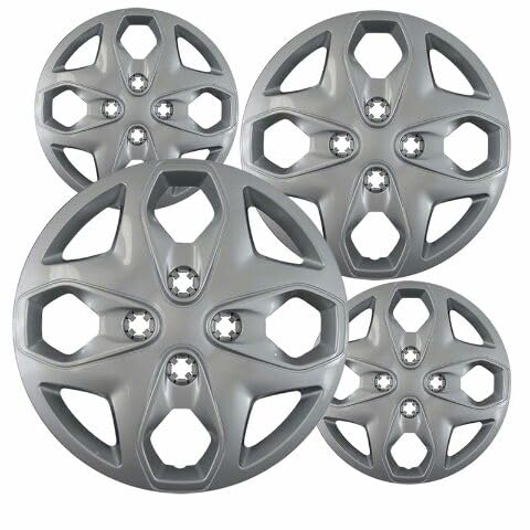 OxGord Set of 4 Silver Bolt-On Hubcaps with 8 Hole Compatible with 2011-2016 Ford Fiesta with 15 inch Standard Steel Wheels