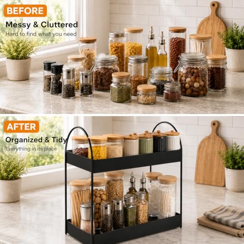 Image of Homeor 2-Tier Metal Countertop Organizer | Heavy Duty Standing Rack for Kitchen Spice Storage & Bathroom Vanity | Multi-Purpose Shelf For Kitchen, Cosmetic & Toiletry Display Shelf, Black