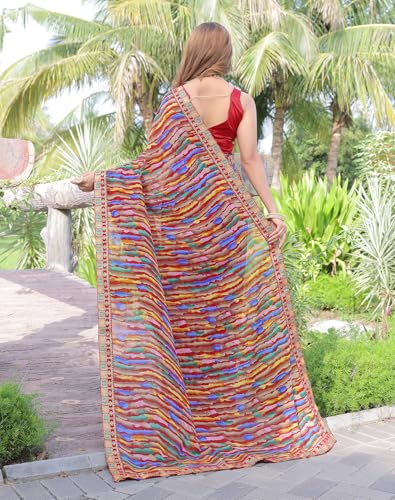 Image of Yashika women Women's Georgette Saree with Lace Border | Lightweight Laheriya Saree for Women with Unstitched Blouse Piece