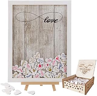 Y&K Homish Wedding Guest Book Wooden Picture Frame, Drop Top Frame with 100PCS Wooden Hearts, Rustic Wedding Decorations and Gift (White wooden frame + Unlimited love)