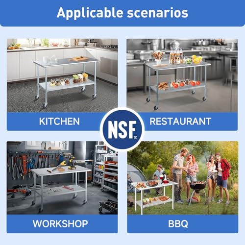 Image of ROCKPOINT Stainless Steel Table for Prep & Work with Caster Wheels 30x72 Inches, NSF Metal Commercial Kitchen Heavy Duty Table with Adjustable Under Shelf and Table Foot for Restaurant, Home and Hotel