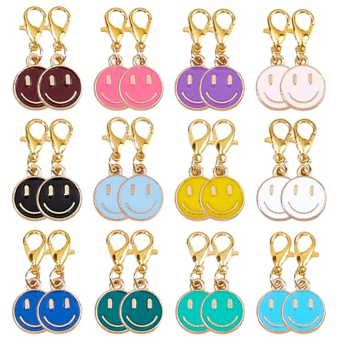 DICOSMETIC 48Pcs 12 Colors Smile Face Keychain 1.14 Enamel Happy Expression Charms New Class Key Chain Gift Cute Happy Face Charms with Lobster Claw Clasps Car Key Ring Pendant for Backpack Purse