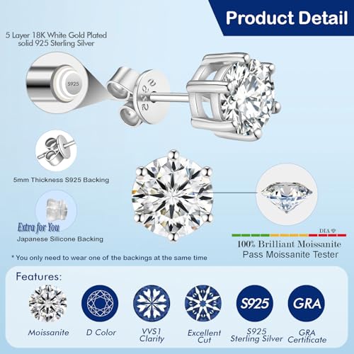Moissanite Stud Earrings for Women Men, 1-6CT 6-Prong D Color Ideal 925 Sterling Silver Earrings with Certificate of Authenticity3