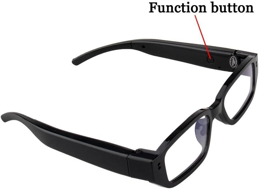 Close-up of the Excelvan HD 720P 5MP Video Recorder Eyewear showing the function button located on the arm.