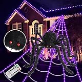 Hellere Spinnennetz Lichter,Halloween Deko Outdoor,250 Violette LED Lichter,5x5M Langes Spinnennetz mit 1.2m Riesenspinne,8 Modi, Timer und Speicherfunktion,Halloween Deko Spinnennetz Garten Party