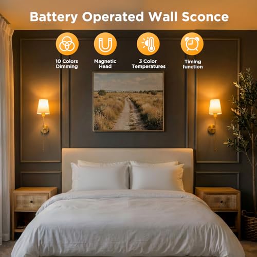 Image of Brightown Battery Operated Wall Sconces Set of Two,Gold Sconces Wall Decor | RGBWW Rechargeable Wall Lights with Dimmable Magnetic Bulbs & Remote, Wireless Wall Lamp for Living Room Bedroom Hallway