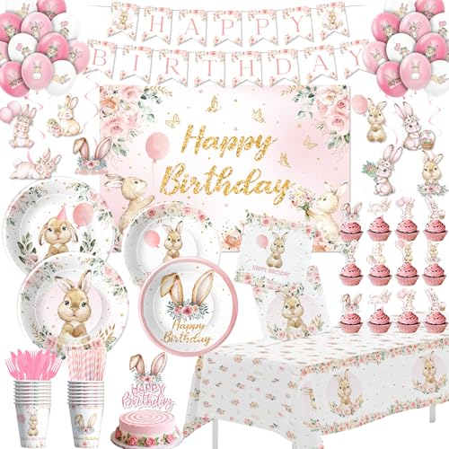 FVABO Bunny Birthday Decorations Pink Rabbit Bunny Birthday Party Supplies Plate Cup Napkin Banner Balloon Tablecloth Topper Backdrop Swirl Cutlery for Easter 1st 2nd Birthday Serves 24