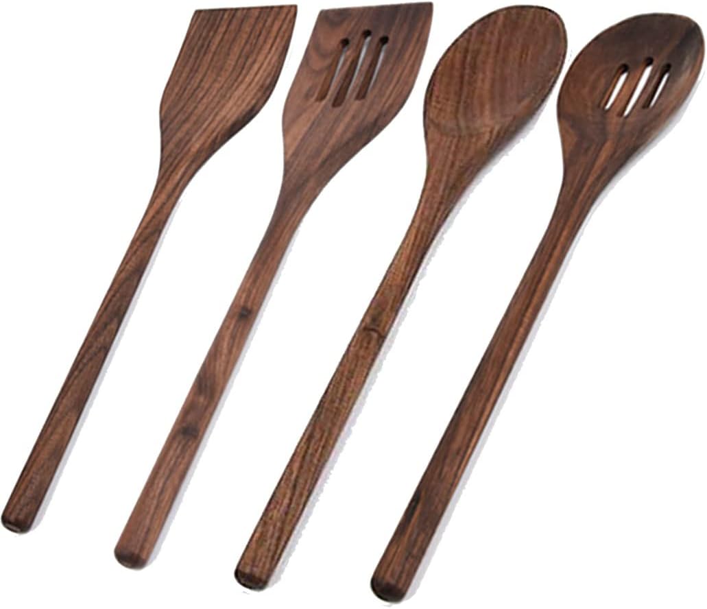 4 Pcs Black Walnut Kitchen Utensils Set, Natural Walnut Wood Cooking Tools for Heat Resistant NonStick Cookware Spatula Turner Solid Spoon Slotted Spoon Wooden Kitchen Utensils Set for Cooking