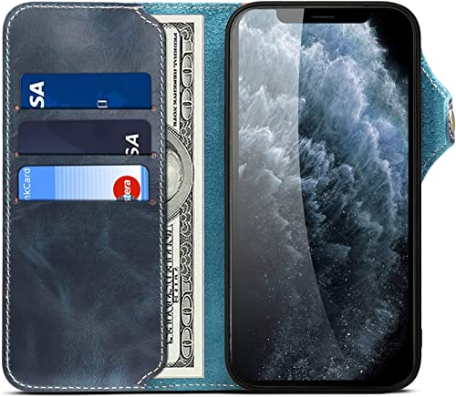 Étui en cuir véritable pour iPhone 14 chic bleu à rabat