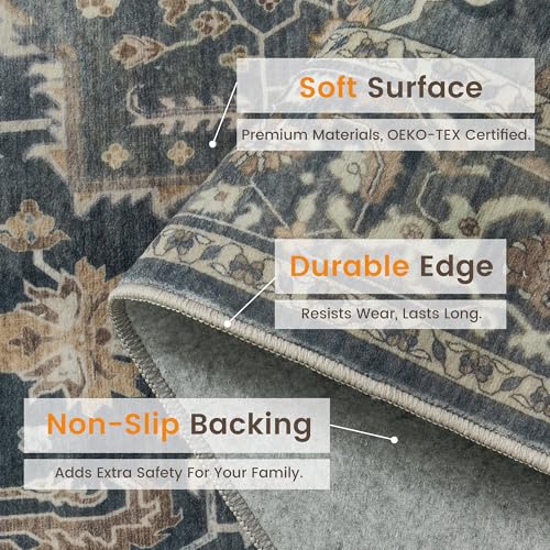 Rugland 8x10 Area Rugs - Stain Resistant Washable Rug, Anti Slip Rugs for Living Room, Vintage Tribal Area Rugs(Medallion 01-Deep/Grey, 8'x10')