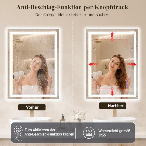 XRAMFY Badspiegel mit Beleuchtung LED 80×50CM, 3 Farbtemperaturen & stufenloses Dimmen, Anti-Beschlag, Spiegel mit Beleuchtung… – Ansicht 2