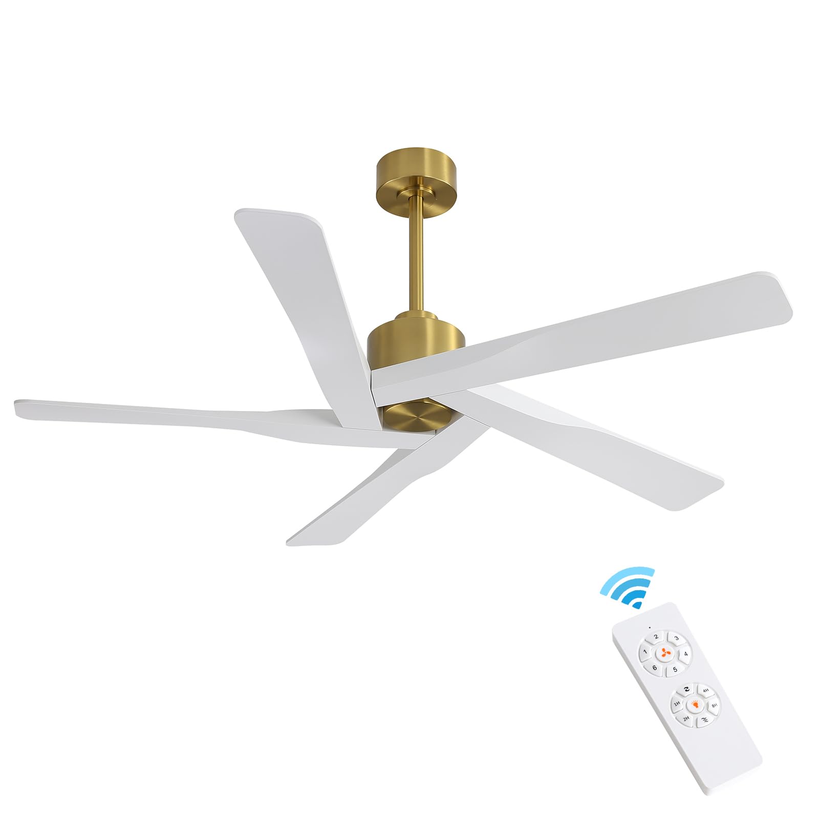 WINGBO 54" ABS DC Ceiling Fan No Light, 5 Blade ABS Plastic Ceiling Fan with Remote, 6-Speed Reversible DC Motor, Ceiling Fan without Light for Kitchen Bedroom Living Room, Brass and White