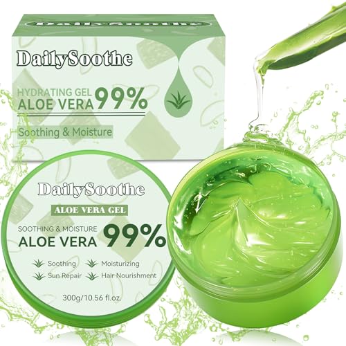 Aloe Vera Gel 99 % rein – Feuchtigkeitspflege für Gesicht, Körper und Haare, beruhigend bei Sonnenbrand, trockener Haut und Hautirritationen, Für alle Hauttypen geeignet, 300 g