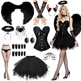 Moizkna Engel Kostüm Damen Schwarz Set Dark Angel – Schwarzer Engel Kostüm Damen mit Engelsflügel Schwarz, Tütü Rock & Korsett, Faschingskostüm Frauen Teufel schwarze flügel kostüm Cosplay (M)