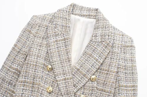 Women Double Breasted Plaid Tweed Blazer Coat Vintage Long Sleeve Flap Pockets Outerwear4