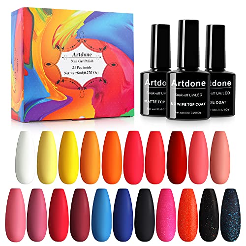 Artdone 24pcs Gel Nail Polish Kit,(8ml each),include Glossy & Matte Top Coat and Base Coat Soak Off Nail Polish Set Pink Blue Green Yellow Nail Polish UV Led Gel Polish, Silver Glitter Gel Nail Polish for NAIL ART