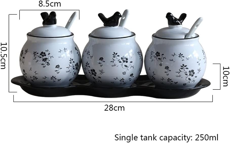 Seasoning Bottle Set Set of 3 Ceramic Little Bird Spice Jars Sugar Bowl Container with Lids Spoon and Ceramic Tray Condiment Seasoning Box Container Pot Set （Black and White） Spice Bottle Set