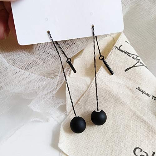 Black Pearl Ball Threader Tassel Dangle Earrings Matte Bead Simple Fashion Earrings for Women - Image 4