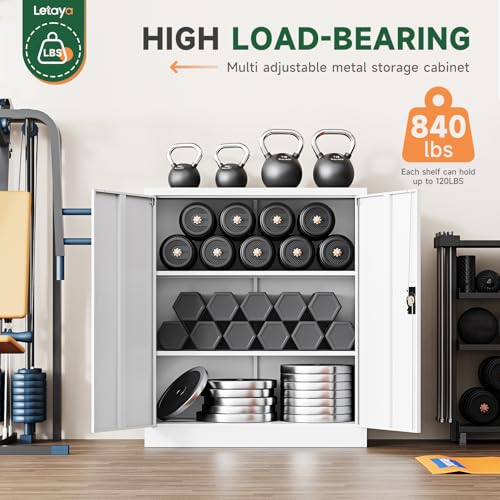Image of Letaya Metal Storage Cabinets with Lock Door,2 Adjustable Shelves Organizer Steel Storage Cabinets for Home,Office,Warehouse,Garage,Employee Lockers(White)