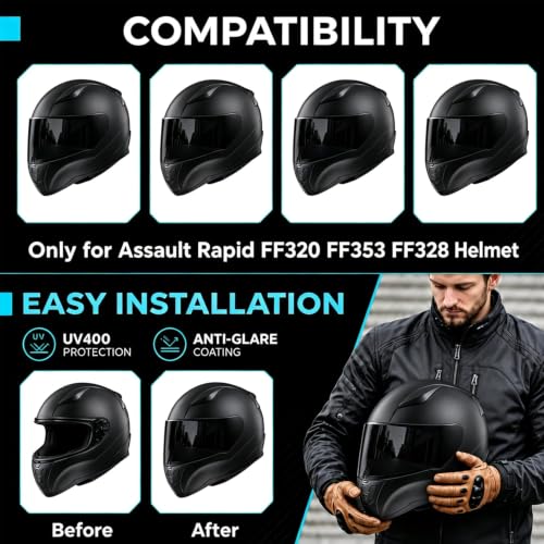 Image of PSLER Shatterproof Helmet Visor for Assault Rapid FF320 FF353,(Black&Film) | Impact-Resistant ,UV400 Protection, Motorcycle Tinted Face Shield for Assault Rapid FF320 FF353 FF328 ,Visor Replacement