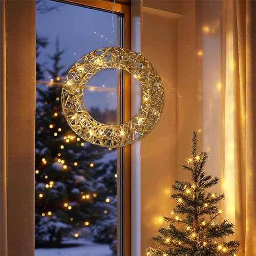 Leuchtring 30 cm mit Goldband umwickelt warm weiß mit Timer - 20 LED - Weihnachts Dekoleuchte zum Hängen Batterie betrieben - Weihnachten Stimmungslicht Advent Deko Ring beleuchtet