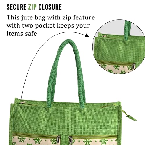 Image of Kuber Industries Multi-purpose Jute Lunch Bags For Office Men /Women | Reusable Grocery Bag with Zip Compartments & Handle | Carry bag For Office Employees | Star Print - Green & White