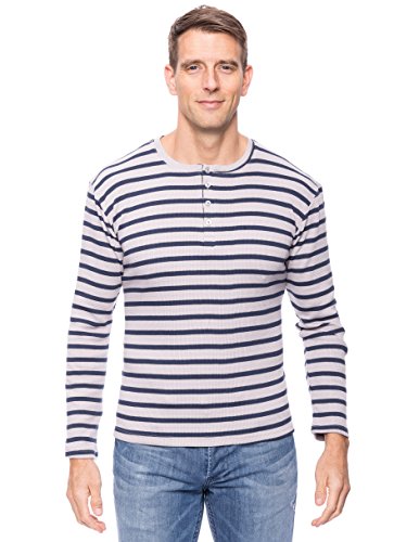 Noble Mount Men's Thermal Henley Long Sleeve T-Shirt - Stripes Heather Grey/Navy - Medium