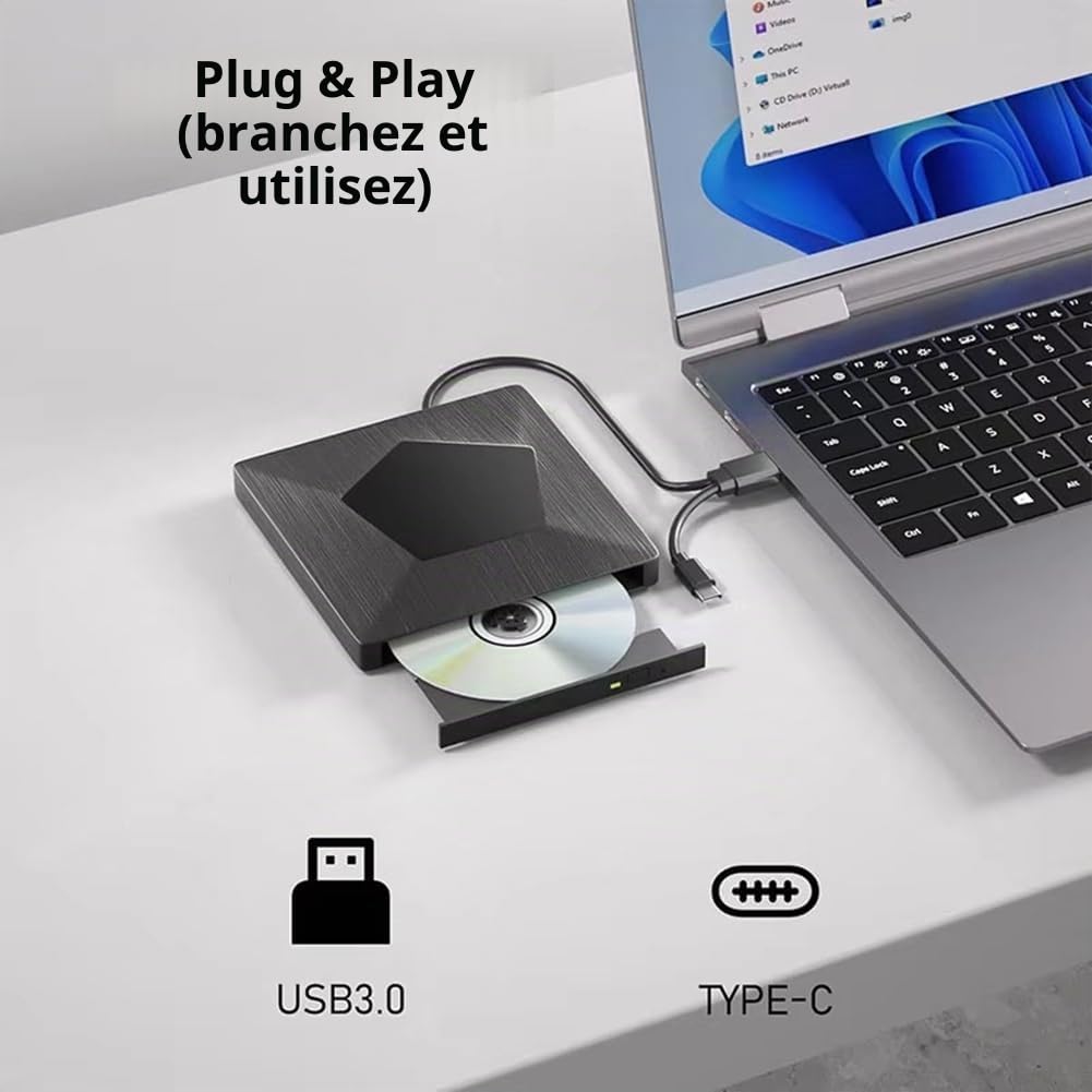 Graveur Blu-Ray Externe, Lecteur Optique Blu-Ray 3D Portable, Lecteur Blu-Ray Externe BD/CD/DVD pour PC Portable