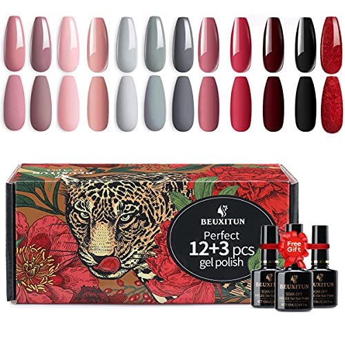 Gel Nail Polish Kit with Gel Base and Top Coat, 12 Pcs All Seasons Skin Tones Pink Neutral Brown Gel Polish Kit, Soak Off LED Gel Nail Kit Manicure DIY Nail Art Home Salon