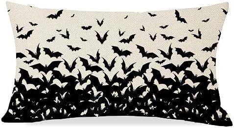 Spooky Halloween Pillow Cover 12x20 Inches - Skeleton Hand & Spider Design, Black Linen Look, Outdoor & Indoor Fall Decor