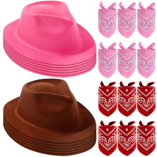 Haysandy 24 Pieces Western Cowboy Hat Set Felt Cowboy Themed Party Hats with Paisley Bandanas for Kids Costume Party(Brown Pink Red)
