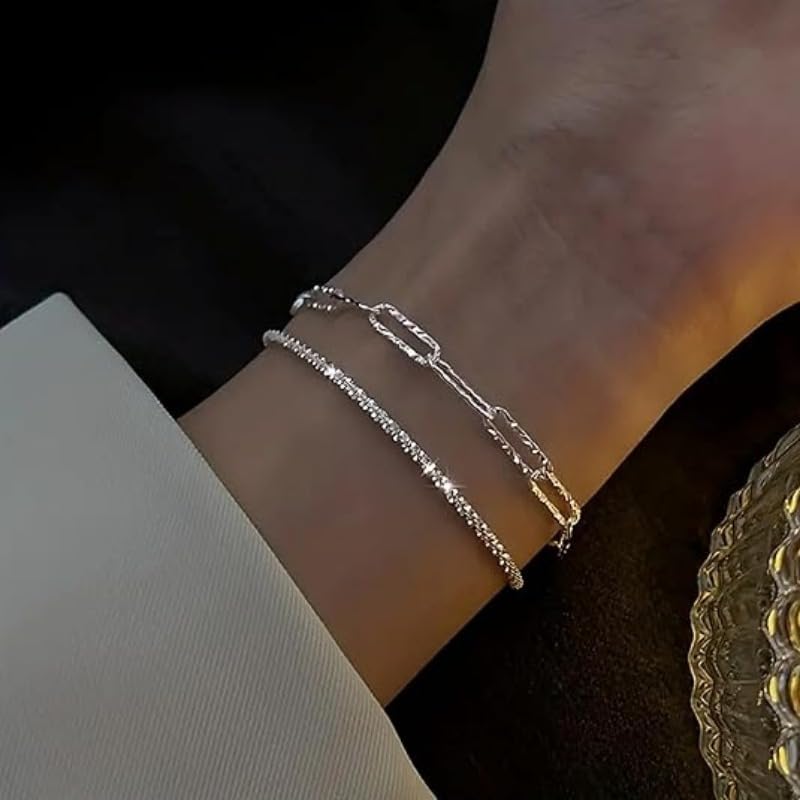 2PCS 925 Sterling Silver Bracelet Set - Paper Clip Chain & Multi-Layer Design, Trendy Women's Jewelry for Party & Daily Wear2