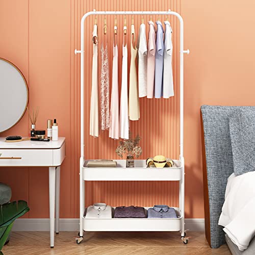 DYRABREST Simple Design 2-In 1 Garment Rack with Wheels Clothing Rack With 2 Tier Metal Basket Clothes Organizer Rack Laundry Cart with Hanging Rack for Home Bedroom (White)