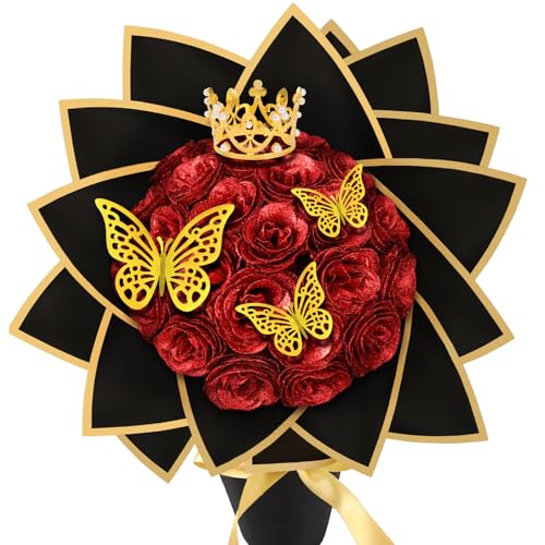 MWOOT 24 Piezas Ramo de Rosas con Purpurina, Ramo de Flores Artificiales para Bricolaje con Rosa Falsa con Purpurina Roja Corona Mariposa 3D, Regalo de Ramo para San Valentín Boda Día de la Madre
