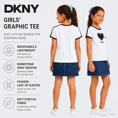 Image of DKNY Girls Shirts - Lightweight Cotton Blend Short Sleeve Crewneck Graphic Tee Cute Tops - Casual Trendy Girls Summer Clothes