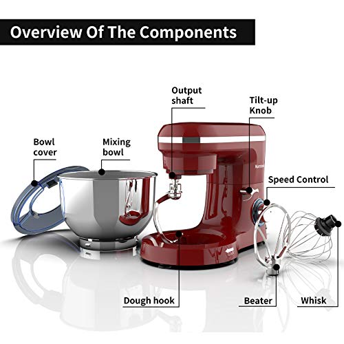 Nurxiovo 6.5QT Stand Mixer 660W Dough Hook Whisk Beater 6-Speed Electric Mixer Kitchen Tilt-Head Food Mixer with Stainless Steel Bowl (Red) - Thumbnail 2