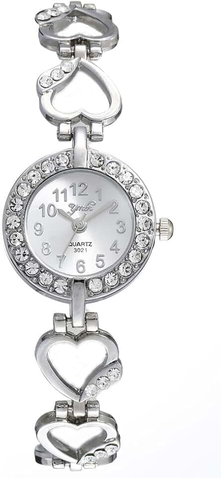 CdyBox Women Alloy Diamond Encrusted Watch Heart Shaped Band Dress Watches Quartz Wristwatches Female