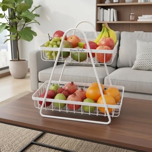 Image of 2 Tier Metal Fruit and Vegetables Basket with Handle | Fruit Vegetables Snacks and Bread Organizer for Kitchen, Dining Table, Livingroom | Bathroom Countertop Stand (Design 1 - White)