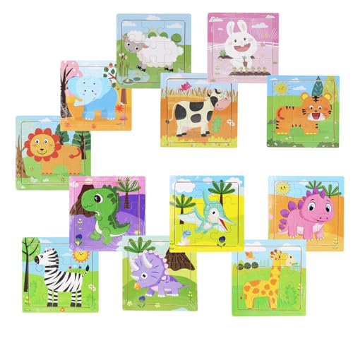 12 Pack Mini Wooden Animal Puzzles for Kids
