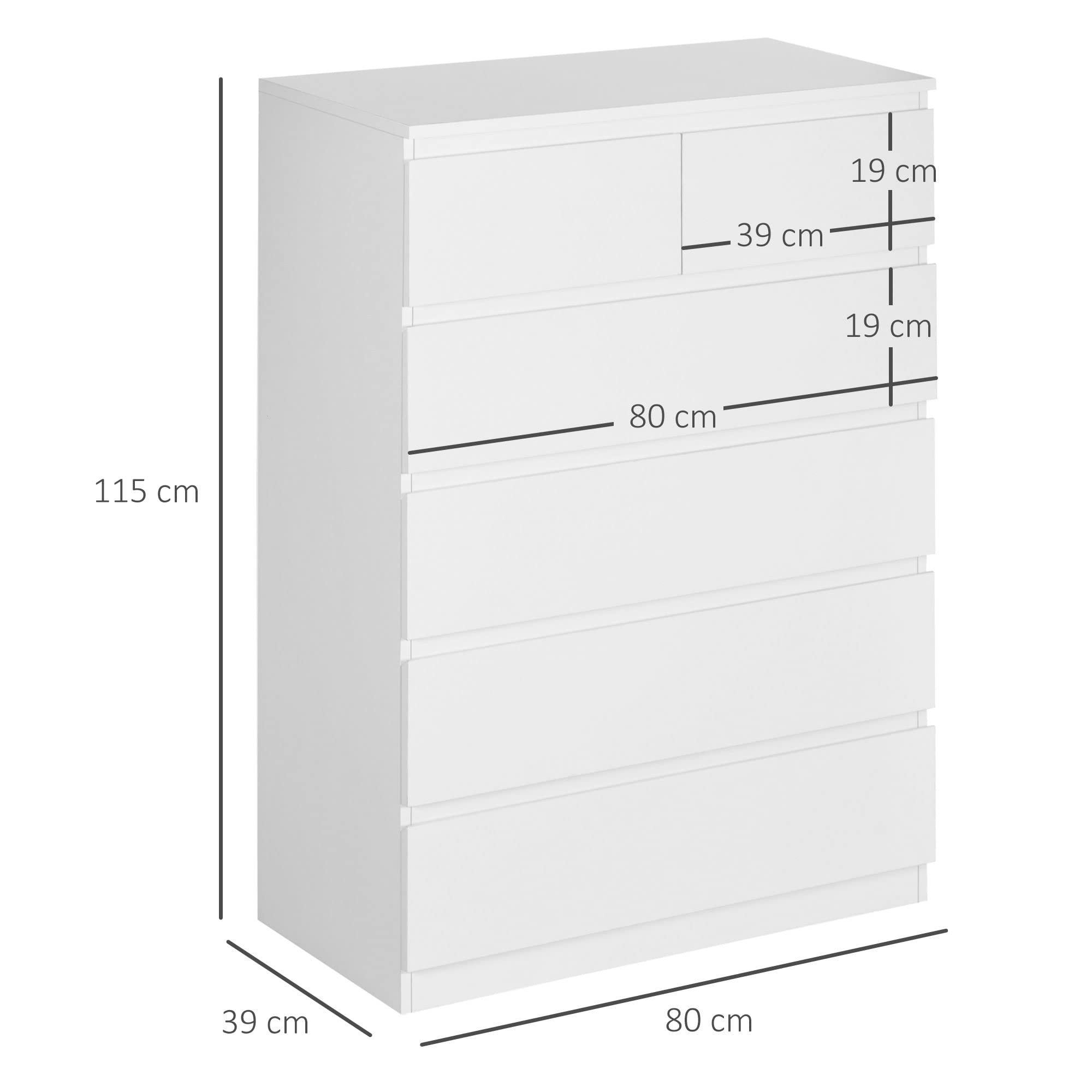 HOMCOM Commode 6 tiroirs, Meuble de Rangement étroit sans poignées, Style Moderne, Commode pour Chambre à Coucher, Salon, Couloir, 80 x 39 x 115 cm, Blanc