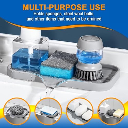 Image of Silicone Kitchen Soap Tray, Kitchen Sink Tray Sponge Tray Dish Sponge Holder, Sink Caddy Organizer for Dish Soap Bottle, Soap Dispenser, Scrubber Brushes, Bathroom Soap Holder