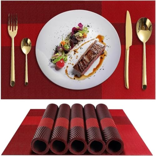 Image of Potency Table Mats Set of 4, Woven Placemate for Dining Table, Heat-Resistant Placemats Stain Resistant Anti-Skid Washable PVC Table Mats, Vinyl Placemats for Dining Kitchen Restaurant Table (L-Red)