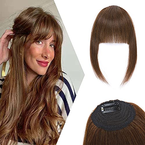 Clip in Bangs Human Hair Extensions with Temples Down Medium Brown