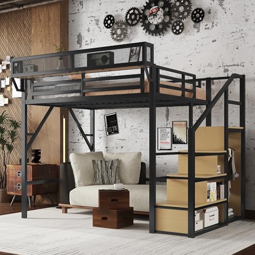 Full Size Loft Bed with Stairs Heavy-Duty Metal Loft Beds High Loft Bed Frame with Storage Shelves Junior loft Bed with Wardrobe for Boys Girls and Teens No Box Spring Needed (Black)