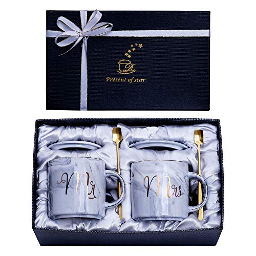 Jumway Mr and Mrs Coffee Mugs - Wedding Gifts for Bride and Groom Gifts for Bridal Shower Engagement Gifts and Married Couples Gifts - Ceramic Marble Cups 12Oz