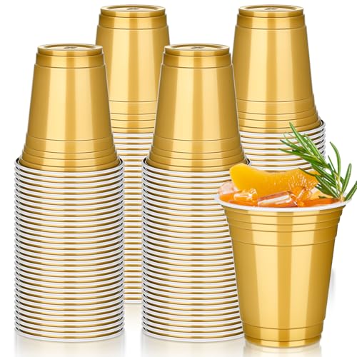 tchrules 100 Pcs 12oz Gold Plastic Cups Disposable Gold Party Cup for Christmas Plastic Drinking Cup Bulk for Halloween Thanksgiving Birthday Wedding Picnic Party Decoration Supplies