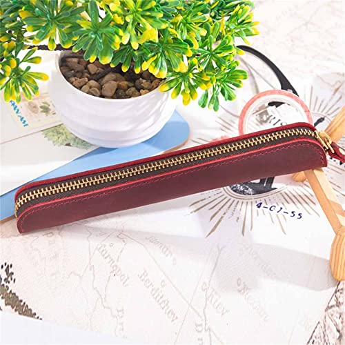 Image of Retro Crazy Horse Genuine Leather Stationery Pencil Case Storage Bag Casual Stationery Box (Red)